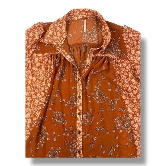 Free People Floral Sheer Distressed Oversized Button Front Blouse Top Size Small - Picture 4 of 7